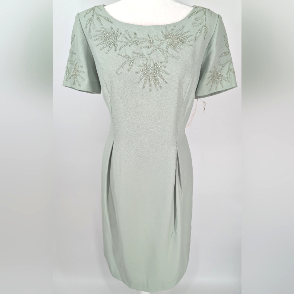 Vintage 90s KC Studio Sage Green Beaded Floral Short Sleeve Sheath Dress 14